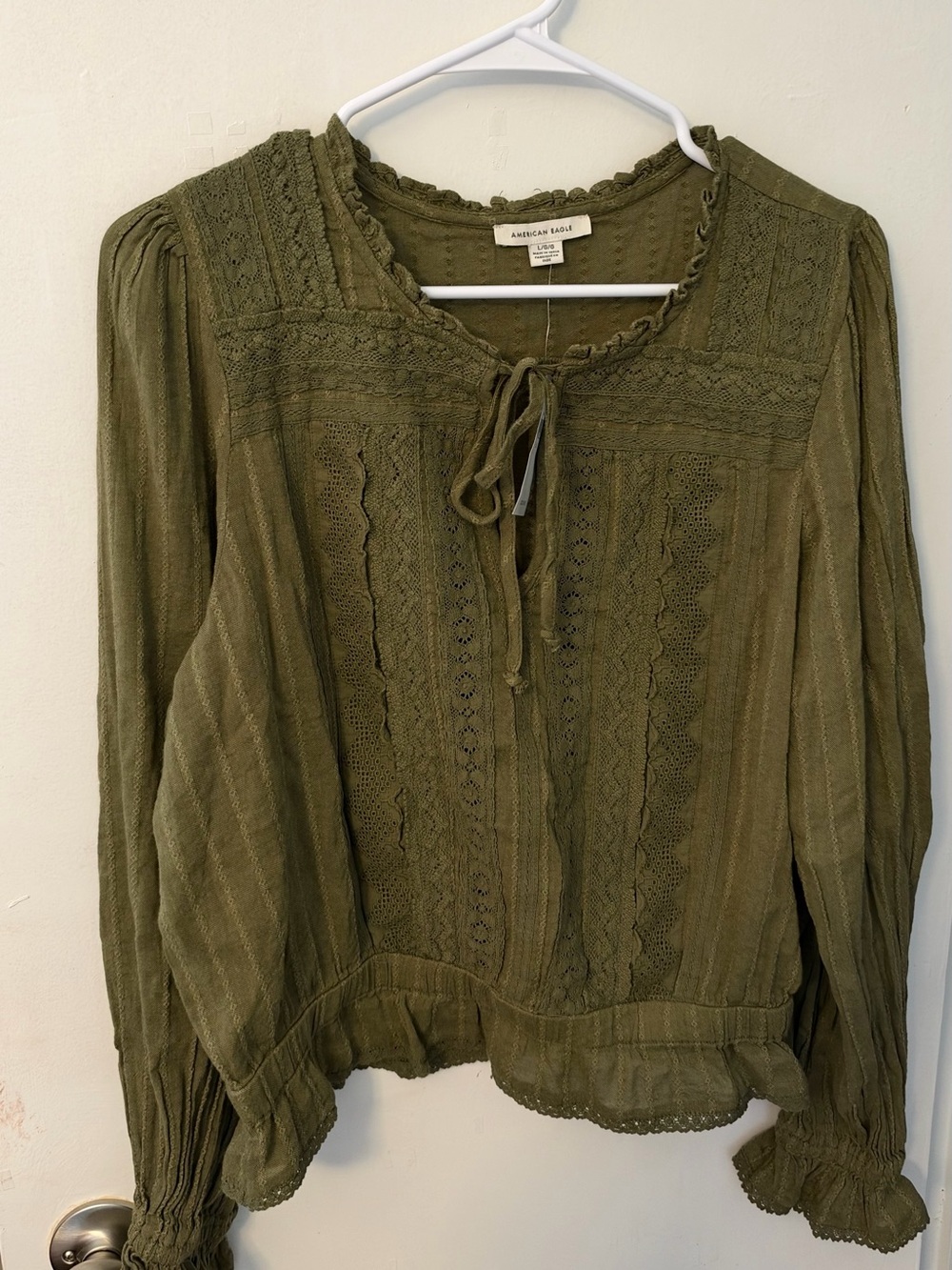American Eagle Outfitters Olive Green Lace-Trim Peasant Top